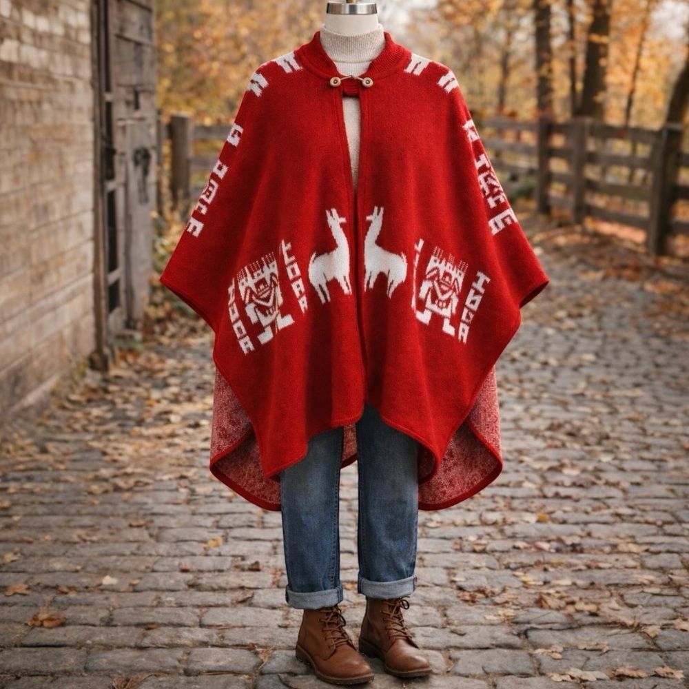 Red Knit Andean / Peruvian alpaca-style poncho Poncho with White Llama Pattern
